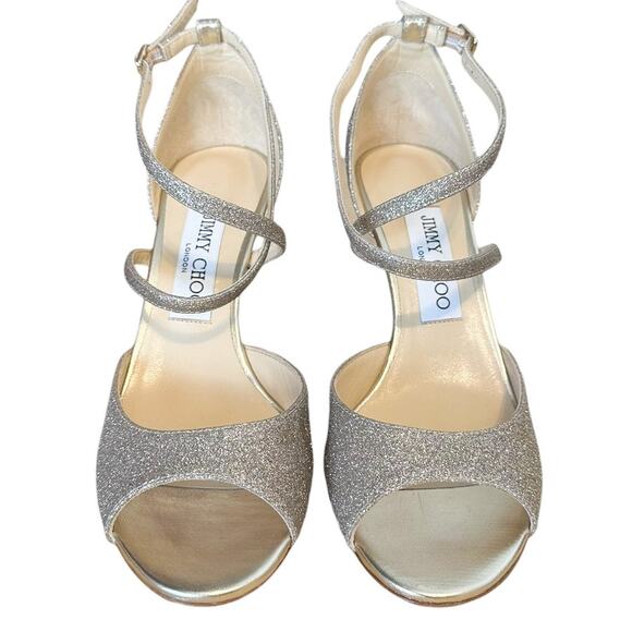 Jimmy Choo NWOB Esme 85 Platinum Ice Dusty Glitter Champagne Strappy Sandals 37 - Picture 2 of 11